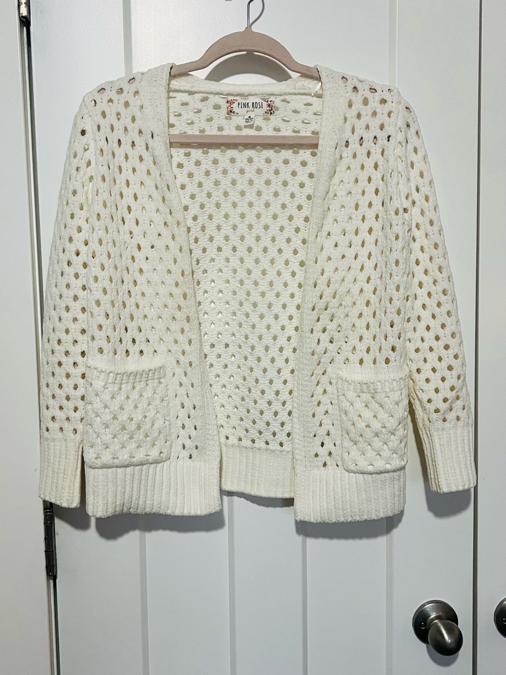 Pink Rose Open-Knit Cream Cardigan with Front Pockets (10-12)